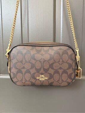 Coach Brown Signature Camera Crossbody with Gold Hardware
